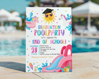 Graduation Pool Party Invitation End of School Year Waterslide Summer Party Invite Water Slide Grad Waterpark Swim Unicorn EDITABLE GD01P