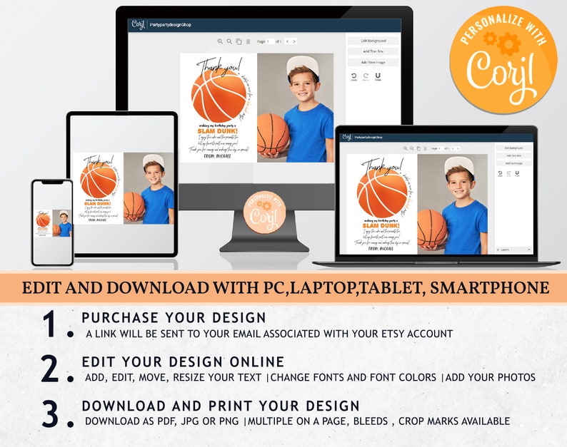 Basketball Photo Thank You Card Boy Girl Birthday Party Sports Team All ...
