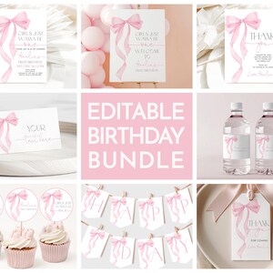 May include: Editable birthday party printable bundle with pink bows and the text "Girls Just Wanna Have Fun" and "Thank You". The bundle includes invitations, welcome signs, cupcake toppers, water bottle labels, favor tags, and a banner.