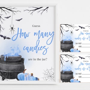 A Baby is Brewing Table Sign Guess How Many Candies Are In the Jar Boy Halloween Baby Shower Game Witch Gender Neutral Party Printable BS66B