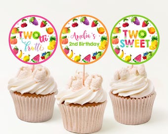 Twotti Frutti Cupcake Toppers Girl 2nd Second Birthday Decor Tropical Summer Party Dessert Label Fruit Fruity EDITABLE BT62