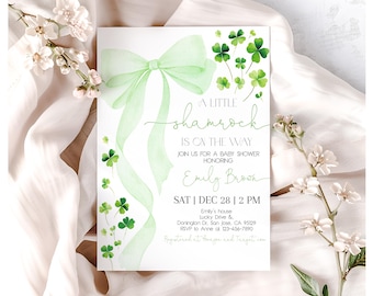 St Patricks Day Baby Shower Invitation Sage Green Bow Four Leaf Clover Invite A Little Shamrock Lucky Charm Irish March EDITABLE AS19G