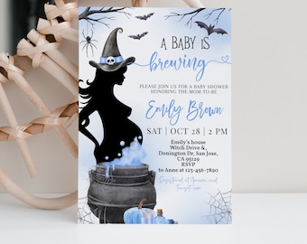 Hexe-Babyparty-Einladung Ein Baby braut Halloween-Babyparty-Einladung Junge Blauer Kessel-Rauch Spooky Fall-Herbst-Party EDITIERBARE BS66B