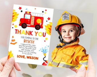 Tarjeta de agradecimiento con foto de camión de bomberos para el primer cumpleaños de un niño, recuerdo de fiesta, bombero, bombero, nota de agradecimiento, camión de bomberos, departamento de bomberos, imprimible, BT02W