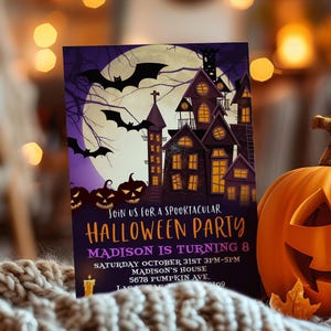 Halloween Birthday Invitation Spooky Haunted House Boy Girl 1st Birthday Party Invite Spooktacular Pumpkin Bats EDITABLE Template BT07