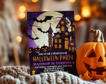 Halloween Birthday Invitation, Haunted House Invite, Pumpkin, Bats, Moon, 5x7", EDITABLE BT07V