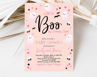 Halloween Baby Shower Invitation, A Little Boo is Almost Due Invite, Pink Ghost Spooktacular Party, 5x7" Digital EDITABLE BS60P