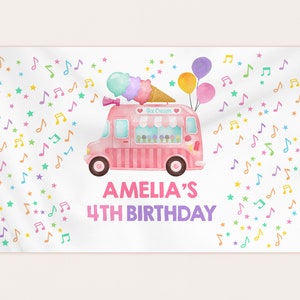 Ice Cream Truck Birthday Backdrop Banner Girl Birthday Party Decor Summer Party Photo Booth Two Sweet One Here&#39;s the Scoop EDITABLE BT69P