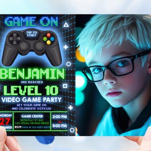 Video Game Birthday Photo Invitation Kids Gamer Boy Girl Birthday Party Invite Arcade Gaming Laser Pixel Grid Level Up EDITABLE BT71