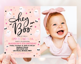 Halloween Birthday Photo Invitation: Hey Boo Invite, Pink Ghost Kids Costume Party, Spooktacular 7x5" Digital Download, EDITABLE AT08P
