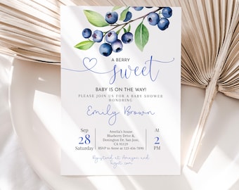 Blueberry Baby Shower Invitation A Berry Sweet Baby is on the Way Blue Berry Gender Neutral Invite Green Blueberries Summer EDITABLE BS93B