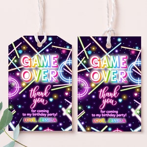 Lasertag Favor Tags Meisje Gamer Verjaardagscadeau Tags Kids Tag Party Neon Glow Roze Regenboog Arcade Game Bedankt Tags Afdrukbare BT63P