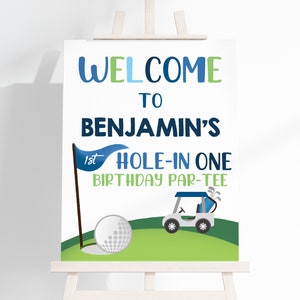 Placa de boas-vindas para golfe, pôster de aniversário Hole in One, decoração para festa de primeiro aniversário de menino golfista, Let's Par-Tee Time, xadrez azul EDITÁVEL BT24B