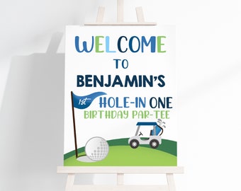 Golf Welcome Sign Hole in One Birthday Poster Golfing Boy First 1st Birthday Party Decor Let's Par-Tee Time Blue Gingham EDITABLE BT24B