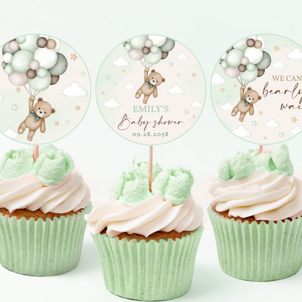 Teddy Bear Baby Shower Cupcake Toppers Boy Girl Gender Neutral Party Decor Boho Sage Green Balloons Dessert Labels EDITABLE Template BS21G