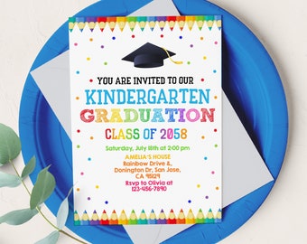 Preschool Graduation Invitation School Rainbow Graduate Invite Kindergarten Grad Pre-K Pastel Color Class Ceremony EDITABLE Template HL42