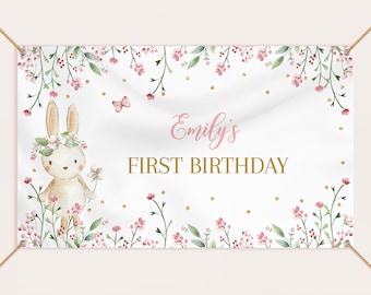 Bunny Birthday Backdrop Banner Boy Girl 1st Birthday Party Decor Easter Rabbit Photobooth Pink Gold Flower Spring Floral EDITABLE BT60P