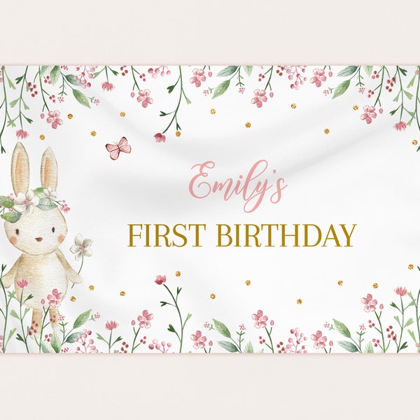 Bunny Birthday Backdrop Banner Boy Girl 1st Birthday Party Decor Easter Rabbit Photobooth Pink Gold Flower Spring Floral EDITABLE BT60P