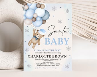 May include: A baby shower invitation with a watercolor design. The invitation features a teddy bear holding balloons, the text "Santa BABY", and details for the event, including the name Charlotte Brown.
