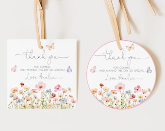 Wildflower Birthday Favor Tag Baby in Bloom Baby Shower Gift Tags Spring Flowers Pink Purple Floral Butterfly Round Printable AS30P AT69P