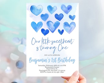 Valentines Day Birthday Invitation Little Sweetheart Birthday Party Invite Boy 1st First Valentine Day Blue Hearts Balloon EDITABLE AT25B