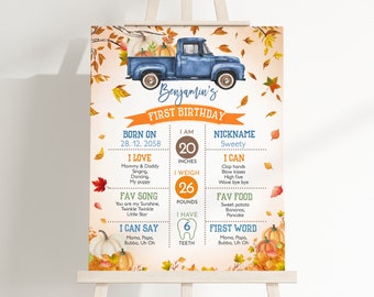 Cartello con scritta Little Pumpkin Truck Milestone, decorazione per festa di compleanno del primo bambino, foglie autunnali autunnali, poster con zucca blu, modificabile AT09B