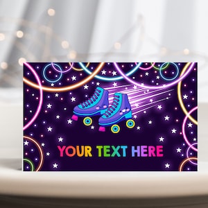 Tendas de comida para patinação Vamos rolar patins retrô Etiquetas de comida de aniversário Neon Glow Disco Dance Party Decor Cartão de lugar para impressão BT39V