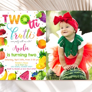 Twotti Frutti Birthday Photo Invitation Tutti Fruity 2nd Birthday Invite Tropical Summer Party Fruit Two-tti Pineapple Bananas EDITABLE BT62