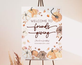 Friendsgiving Party Welcome Sign, Fall Pumpkin Poster, Thanksgiving Orange, White Pumpkins, Fallen Leaves Autumn Decor, Porch EDITABLE HL47O