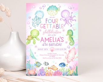 Under the Sea Unfourgettable Birthday Invitation Ocean Animals Girl 4th Shellebration Party Invite Pink Sea Life Underwater EDITABLE AT07P