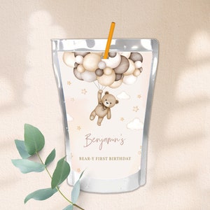 Teddybär Saft Beutel Etiketten Beige Luftballons Junge erster Geburtstag Party Dekor Geschenktüte Verpackung Danke Gefälligkeiten Printable Drink Label BT81E