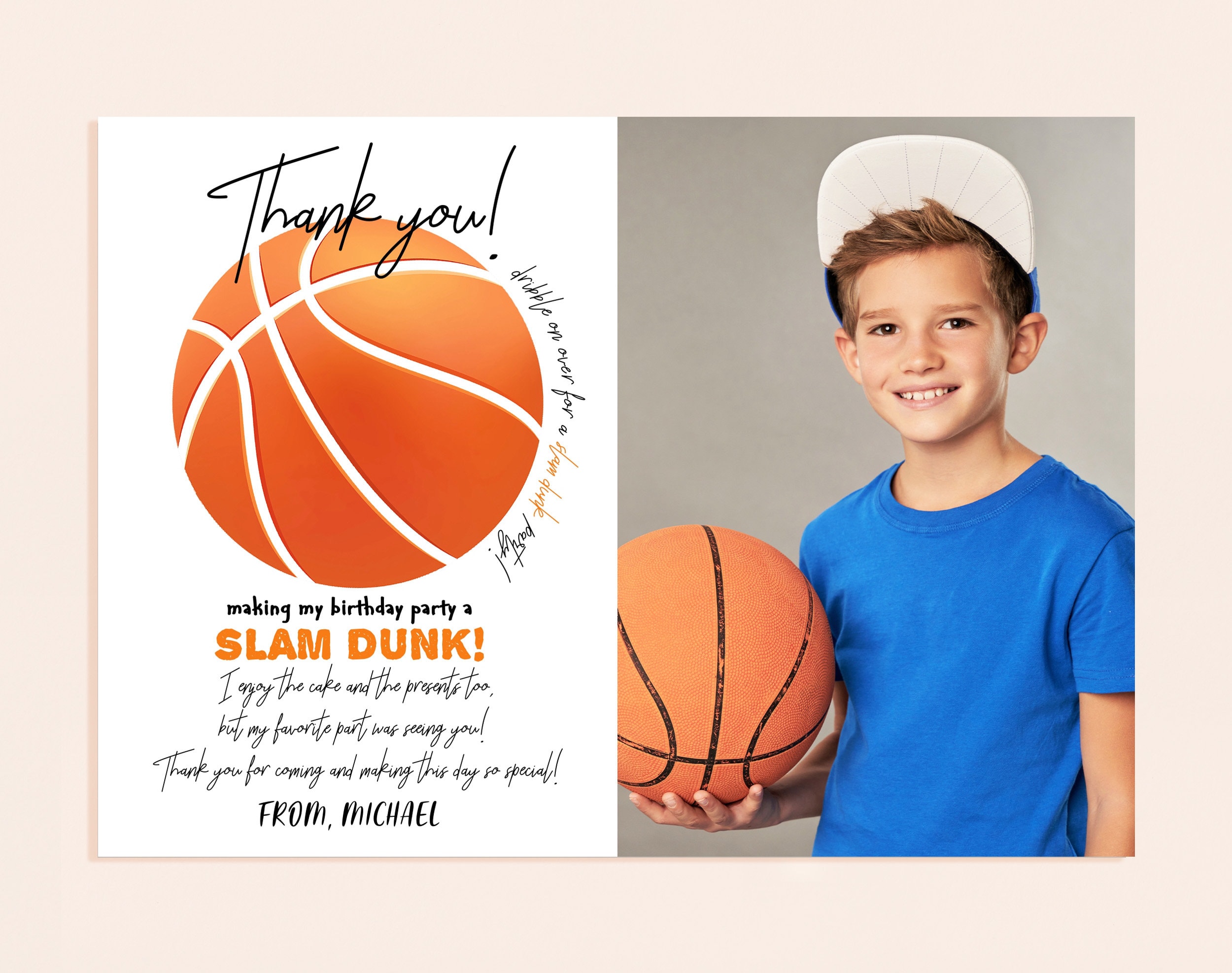 Basketball Photo Thank You Card Boy Girl Birthday Party Sports Team All ...