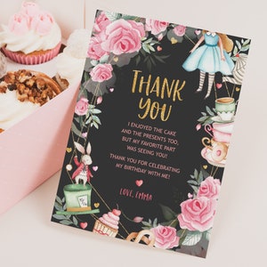 Carte de remerciement Alice au pays des merveilles Onederland Girl premier anniversaire Remerciements Note de naissance Chapelier fou Tea Party Decor MODIFIABLE BS11K BT11K