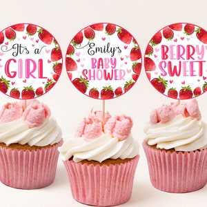 Strawberry Baby Shower Cupcake Toppers Berry Sweet Girl Baby Shower Party Decor Summer Fruit Pink Red Winter Gender Neutral Printable BS16P