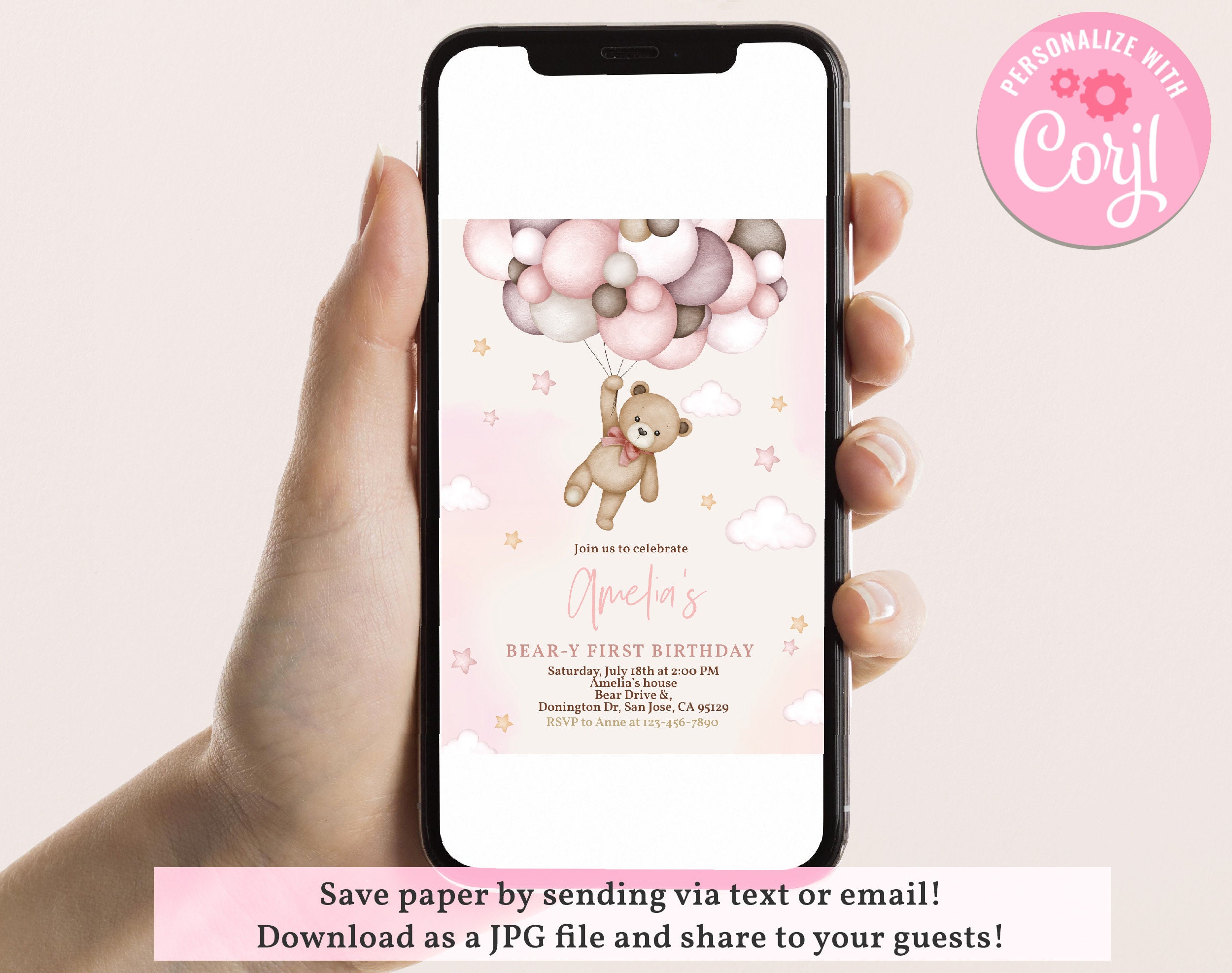 Pink Teddy Bear Birthday Invitation Beary 1st First Birthday Party ...