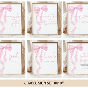 Rosa Schleife Baby Party Tischschilder Set Kokette Geburtstag Poster Bundle Elegant Weiche Pastellrosa Schleife Party Dekor Printable AS20P AT63P