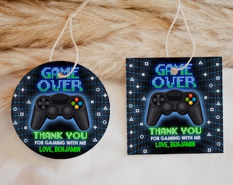 Etichetta regalo di compleanno per videogiochi, adesivi per festa di ringraziamento per ragazzi, etichetta per bomboniera circolare verde neon, modello stampabile per giochi arcade BT71