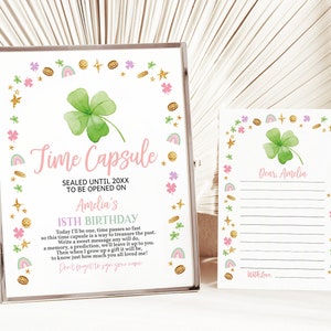 May include: A pink and green time capsule printable with a four-leaf clover design and gold coins. The text reads "Time Capsule Sealed Until 20XX To Be Opened On Amelia's 18th Birthday".  The printable includes a note to write a message to Amelia for her 18th birthday.