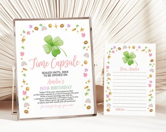 St Patricks Day Time Capsule Sign Boy Girl 1st Lucky One Birthday Party Decor Shamrock Rainbow Green Gold Clover Guestbook EDITABLE BT95P