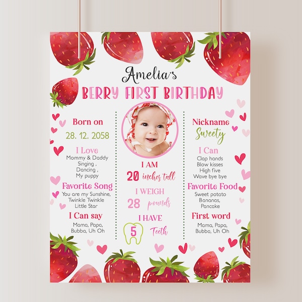 Strawberry Birthday Milestone Board Sign Berry First Birthday Poster Girl 1st Birthday Party Decor Berry Sweet One Fruit EDITABLE BT37P