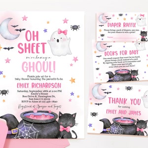 Oh Sheet It&#39;s a Ghoul Baby Shower Invitation Bundle Halloween Baby Shower Invite Set Girl Spooky Pink Cute Ghost Fall Party EDITABLE BS30WP