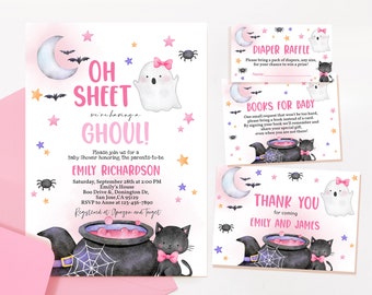 May include: A pink and white baby shower invitation with a ghost, bats, and stars. The text reads "Oh Sheet, We're Having a Ghoul!" and includes the name Emily Richardson.