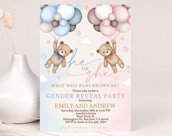 Teddy Bear Gender Reveal Invitation We Can Bearly Wait Invite Boy or Girl He or She Blue Pink Hot Air Balloons Pampas Grass EDITABLE BS21M