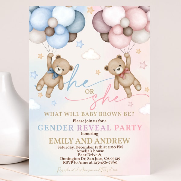 Teddybeer Gender Reveal uitnodiging Genderneutraal nodigt Boho Pampas Grass heteluchtballonnen We kunnen bearly wachten BEWERKBARE sjabloon BS21M