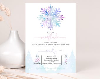 May include: A baby shower invitation with a watercolor snowflake design. The invitation says "A Little Snowflake is on the Way" and includes the date, time, and location of the event.