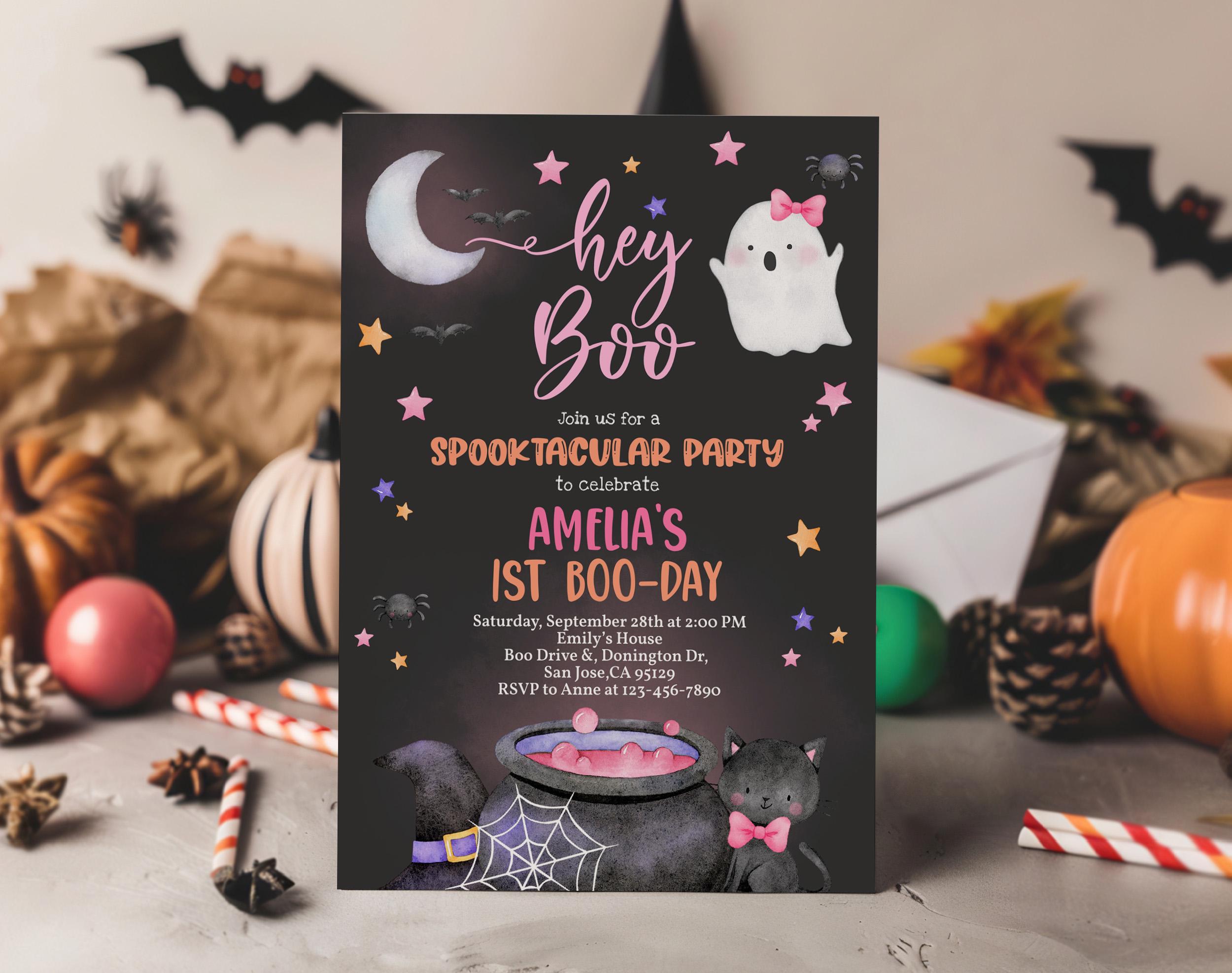 Hey Boo Invitation, Halloween Birthday Invite, Cute Pink Ghost, 1st ...