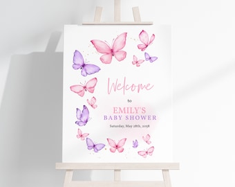 Cartel de bienvenida para baby shower con diseño de mariposas, para niña, género neutro, con diseño floral de mariposas rosas y moradas, para decoración de jardín, porche, editable, BS36V