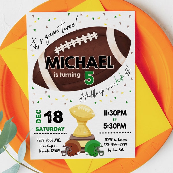 Football Invitation Birthday Party Invite Boy Sports NFL Touch Down Super Bowl Soccer Rugby Themed EDITABLE Template Instant Download BTD050