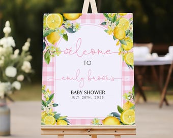 Lemon Baby Shower Welcome Sign A Sweet Little One Party Decor Pink Lemonade Poster Citrus Floral Sunshine Summer Yellow Porch EDITABLE AS45P