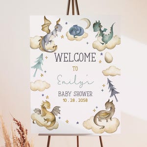 Willkommensschild für Babyparty, Drachen, Drachen, Poster, Fantasy, Fantasy, Schloss, Mittelalter, Party, Dekoration, Willkommensschild, EDITIERBAR, AS03B